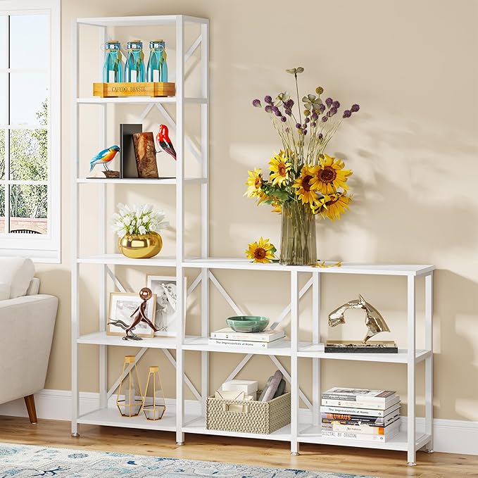 Tribesigns 9 Shelves Bookshelves, Industrial Ladder Corner Etagere Bookcase, Rustic 6-tier Display Open Shelf Storage Organizer for Living Room (White) - LeafyLoom