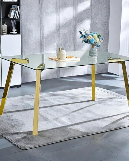 NicBex Modern Minimalist Style Rectangular Glass Dining Table with Tempered Glass Tabletop and Golden Metal Legs Suitable for Kitchen, Dining Room and Living Room, Golden - LeafyLoom