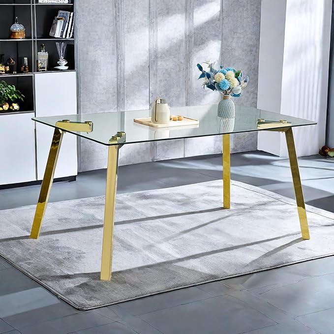 NicBex Modern Minimalist Style Rectangular Glass Dining Table with Tempered Glass Tabletop and Golden Metal Legs Suitable for Kitchen, Dining Room and Living Room, Golden - LeafyLoom