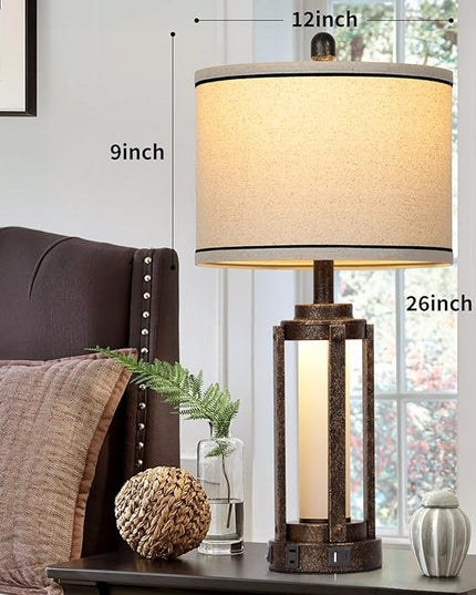26" Farmhouse Table Lamps Set of 2, Vintage Rustic Industrial Beside Lamps with USB A+C Charging Ports & AC Outlet, Nightstand Lamp with Glass Night Light & Linen Fabric Shade for Living Room Bedrooms - LeafyLoom