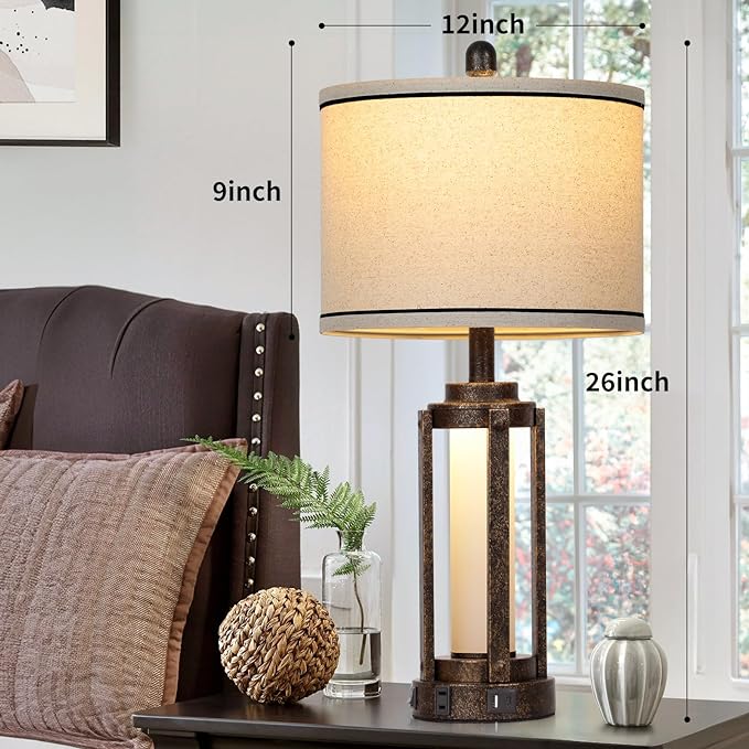 26" Farmhouse Table Lamps Set of 2, Vintage Rustic Industrial Beside Lamps with USB A+C Charging Ports & AC Outlet, Nightstand Lamp with Glass Night Light & Linen Fabric Shade for Living Room Bedrooms - LeafyLoom