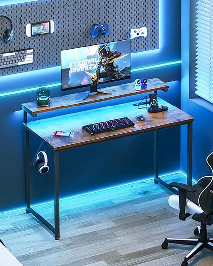 AODK Small Desk, 40 Inch Gaming Desk with LED Lights and Power Outlet, Computer Desk with Adjustable Monitor Shelf (3 Heights), Home Office Table Study Desk Compact Desk for Small Space, Rustic Brown - LeafyLoom