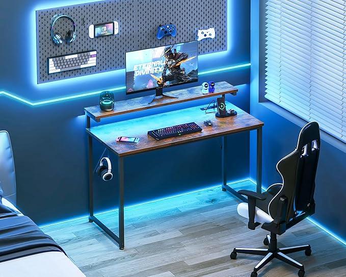 AODK Small Desk, 40 Inch Gaming Desk with LED Lights and Power Outlet, Computer Desk with Adjustable Monitor Shelf (3 Heights), Home Office Table Study Desk Compact Desk for Small Space, Rustic Brown - LeafyLoom