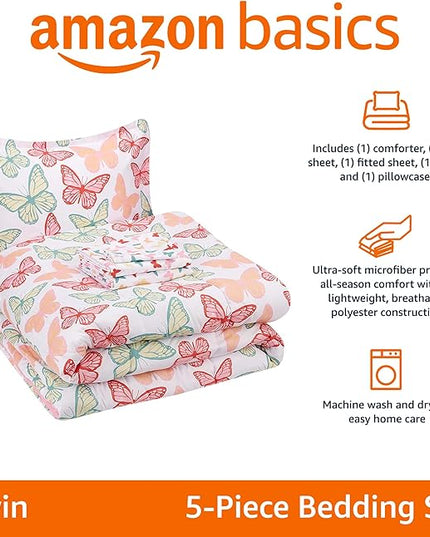 Amazon Basics Kid's Easy Care Microfiber Bed-in-a-Bag 5-Piece Bedding Set, Twin, Butterfly Friends - LeafyLoom