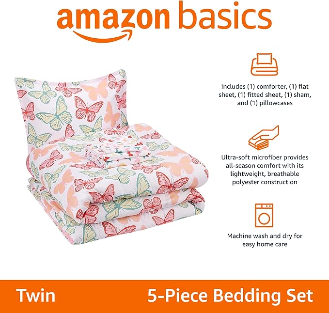 Amazon Basics Kid's Easy Care Microfiber Bed-in-a-Bag 5-Piece Bedding Set, Twin, Butterfly Friends - LeafyLoom