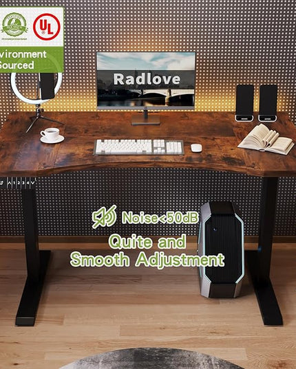 Radlove Dual Motors Height Adjustable 55 x 30'' Electric Standing Desk with Curved Design Stand Up Table 4 Memory Keys, Computer Desk with Splice Board Home Office Desk, Rustic Brown Top + Black Frame - LeafyLoom