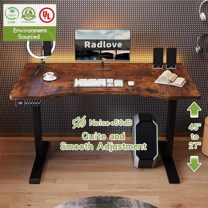Radlove Dual Motors Height Adjustable 55 x 30'' Electric Standing Desk with Curved Design Stand Up Table 4 Memory Keys, Computer Desk with Splice Board Home Office Desk, Rustic Brown Top + Black Frame - LeafyLoom