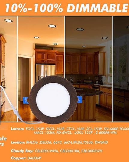 CLOUDY BAY Ultra Thin LED Recessed Ceiling Light,4 inch 3000K/ 4000K/ 5000K,Dimmable 10W CRI90+,Canless Light with Junction Box,IC Rated, Canless Wafer Downlight,Oil Rubbed Bronze,Damp Rated,6 Pack CLOUDYBAY