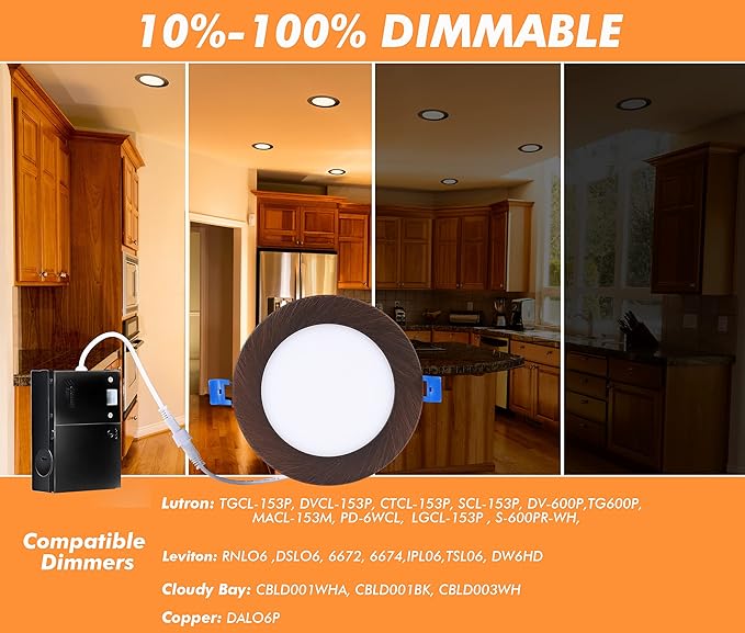 CLOUDY BAY Ultra Thin LED Recessed Ceiling Light,4 inch 3000K/ 4000K/ 5000K,Dimmable 10W CRI90+,Canless Light with Junction Box,IC Rated, Canless Wafer Downlight,Oil Rubbed Bronze,Damp Rated,6 Pack CLOUDYBAY