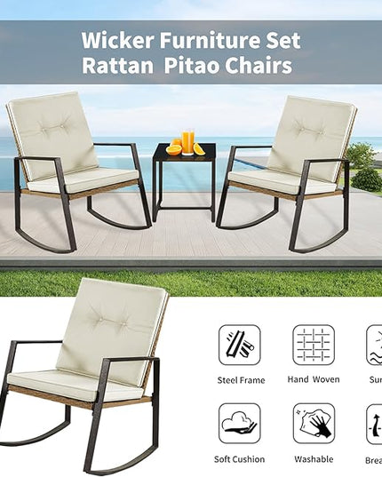 3 Pieces Rocking Bistro Set Outdoor Wicker Patio Furniture Conversation Coffee Table,Washable Cushion for Porch,balcony,Garden,Backyard,Poolside(Beige) - LeafyLoom