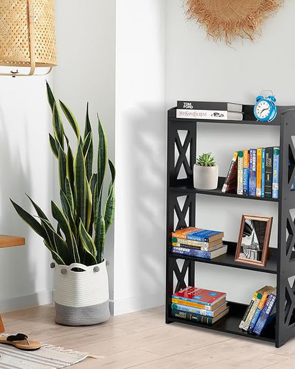 Black Bookshelf, Natural Wood Bookshelf, 4 Tier Bookcase, Open Bookshelf, bookshelves Freestanding Display Storage Shelves for Bedroom, Living Room and Office (Black) - LeafyLoom
