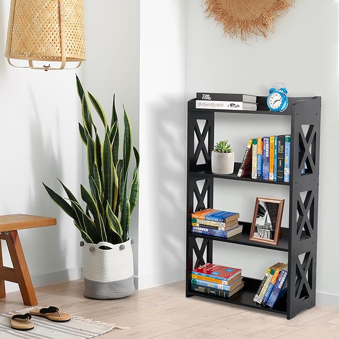 Black Bookshelf, Natural Wood Bookshelf, 4 Tier Bookcase, Open Bookshelf, bookshelves Freestanding Display Storage Shelves for Bedroom, Living Room and Office (Black) - LeafyLoom