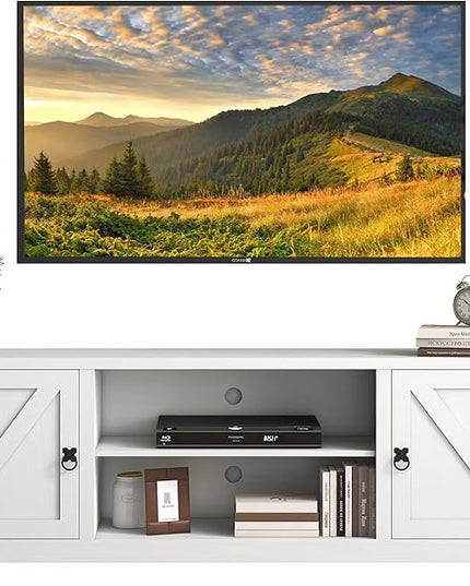 Panana Modern Farmhouse TV Stand, Entertainment Center for 70 inch TV with 2 Doors and Open Shelves for Living Room, Bedroom (White, 65 inch) - LeafyLoom