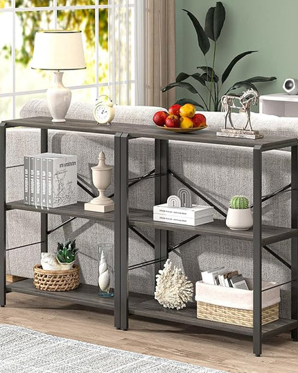 FOLUBAN Industrial Small Bookshelf, 3 Tier Low Short Book Shelf, Metal and Wood BookCase for Small Spaces, Bedroom Living Room, Dark Gray - LeafyLoom