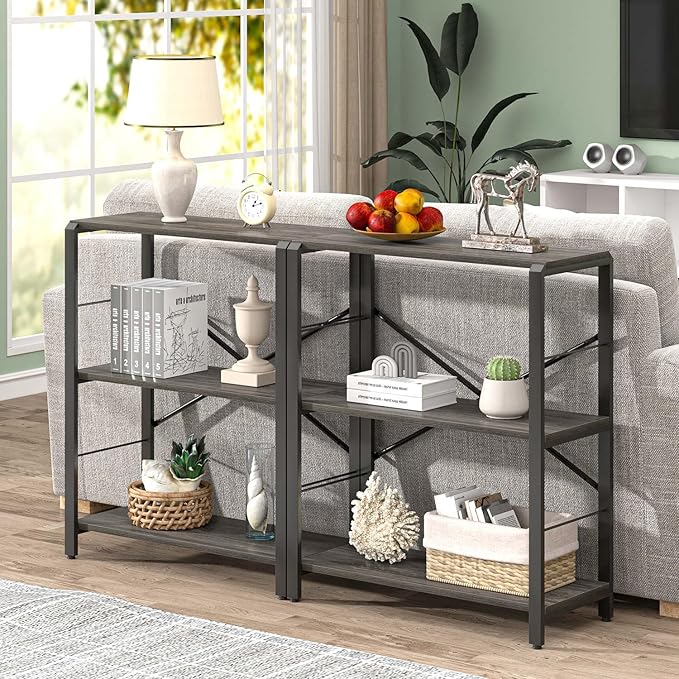 FOLUBAN Industrial Small Bookshelf, 3 Tier Low Short Book Shelf, Metal and Wood BookCase for Small Spaces, Bedroom Living Room, Dark Gray - LeafyLoom