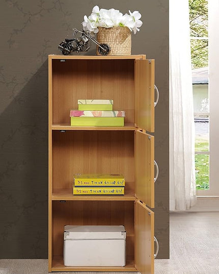 HODEDAH 3 Door Bookcase Cabinet, Beech - LeafyLoom