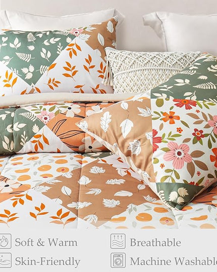 Whale Flotilla King Comforter Set, Soft Reversible Orange and Beige Bedding Comforter Set with Boho Pattern, 1 Micoriber Patchwork Comforter and 2 Pillow Shams, 3 Pieces - LeafyLoom