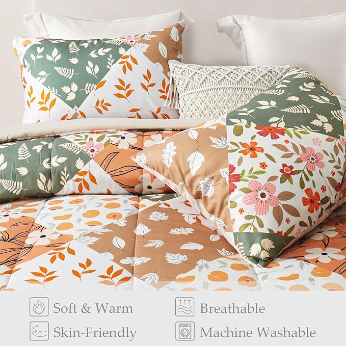 Whale Flotilla Queen Full Comforter Set, Soft Reversible Orange and Beige Bedding Comforter Set with Boho Pattern, 1 Micoriber Patchwork Comforter and 2 Pillow Shams, 3 Pieces - LeafyLoom