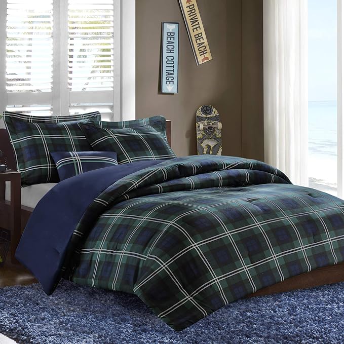 MI ZONE Cozy Comforter Set Cabin Lifestyle Plaid Design All Season Bedding Matching Shams, Decorative Pillow, Twin/Twin XL, Brody Blue 3 Piece, Green/Navy - LeafyLoom