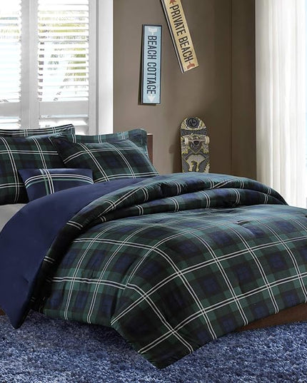 Mi Zone Cozy Comforter Set Cabin Lifestyle Plaid Design All Season Bedding Matching Shams, Decorative Pillow, Full/Queen, Brody Blue 4 Piece - LeafyLoom