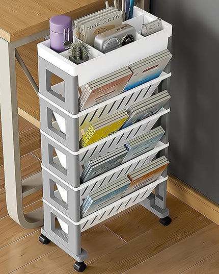 5 Tier Book Rack Storage Bookshelf, Mobile Bookshelf with Wheels, Removable Movable Unique Bookcase, Rolling Book Cart, Bookshelves for Students Study in Dorm Classroom Living Room School(CreamYellow) - LeafyLoom
