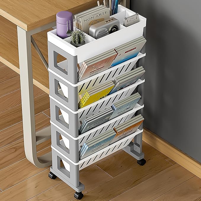 5 Tier Book Rack Storage Bookshelf, Mobile Bookshelf with Wheels, Removable Movable Unique Bookcase, Rolling Book Cart, Bookshelves for Students Study in Dorm Classroom Living Room School(CreamYellow) - LeafyLoom