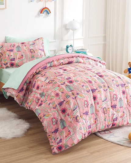 SLEEP ZONE Comforter Set Bed in A Bag, 7 Pieces Girls, Cattoon Pattern for Kids, Toddlers, Teens, Ultra Soft and Washable (Garden Secret,Full/Queen) - LeafyLoom