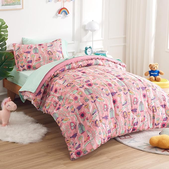 SLEEP ZONE Comforter Set Bed in A Bag, 7 Pieces Girls, Cattoon Pattern for Kids, Toddlers, Teens, Ultra Soft and Washable (Garden Secret,Full/Queen) - LeafyLoom