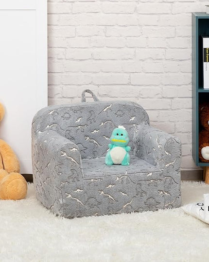 ALIMORDEN Kids Ultra-Soft Snuggle Foam Filled Chair, Glow-in-The-Dark Dinosaurs Fossil Pattern Toddler Cuddly Sherpa Reading Couch for Boys and Girls - LeafyLoom