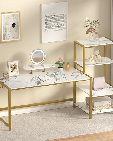 GreenForest Computer Desk with Storage Printer Shelf, 67 inch Home Office Vanity Desk with Movable Monitor Stand and 2 Headphone Hook for PC Makeup Writing Study, White and Golden - LeafyLoom