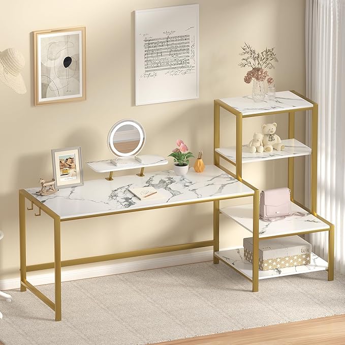 GreenForest Computer Desk with Storage Printer Shelf, 67 inch Home Office Vanity Desk with Movable Monitor Stand and 2 Headphone Hook for PC Makeup Writing Study, White and Golden - LeafyLoom
