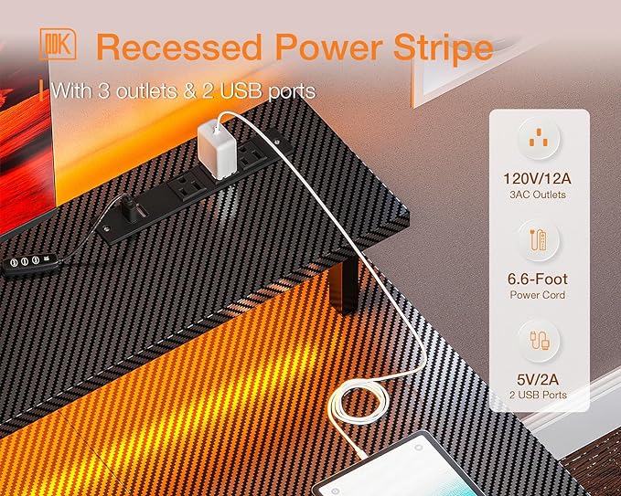 ODK 48 inch Computer Desk with Power Outlets & LED Lights, Gaming Desk with Monitor Stand & Storage Sheves, Home Office Desk, Carbon Fiber Black - LeafyLoom