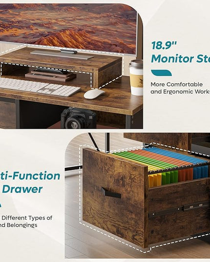 Bestier L Shaped Desk with Drawers, 55 inch Office L Desk with Reversible File Drawer, Industrial Wood Computer Desk with Monitor Stand (Rustic Brown) - LeafyLoom