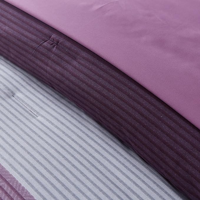 WONGS BEDDING Purple Comforter Set Queen, Reversible Purple Striped Patchwork Alternative Comforte Set for Queen Bed,3 Pieces(1 Comforter+2 Pillowcases), Soft Microfiber Bedding Set 90”×90” - LeafyLoom