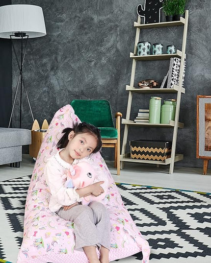 Stuffed Animal Storage Bean Bag Chair Cover, Cotton Pink Unicorn Rainbow Plush Toy Storage Stuff and Sit Seat for Kids/Teens/Adults, 52" x 31" Extra Large Triangle Sofa, 200L/52Gal, Cover Only - LeafyLoom