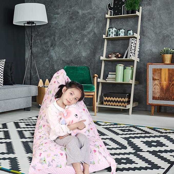Stuffed Animal Storage Bean Bag Chair Cover, Cotton Pink Unicorn Rainbow Plush Toy Storage Stuff and Sit Seat for Kids/Teens/Adults, 52" x 31" Extra Large Triangle Sofa, 200L/52Gal, Cover Only - LeafyLoom
