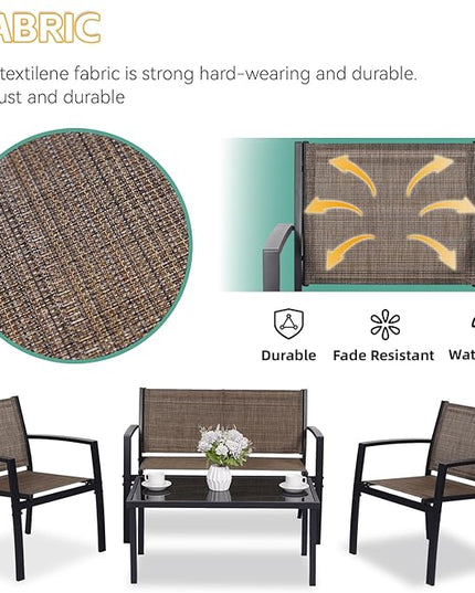 4 Pieces Patio Furniture Set Outdoor Garden Patio Conversation Sets Poolside Lawn Chairs with Tempered Glass Coffee Table Loveseat Porch Furniture Textilene Fabric Yellow - LeafyLoom
