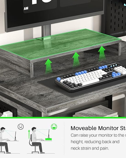 Small Gaming Desk with 2 Fabric Drawers - Reversible Computer Desk with Power Outlet & LED Lights, 49" Office Desk with Monitor Stand & Storage Shelves, Writing Study Table with Pegboard, Grey Oak - LeafyLoom