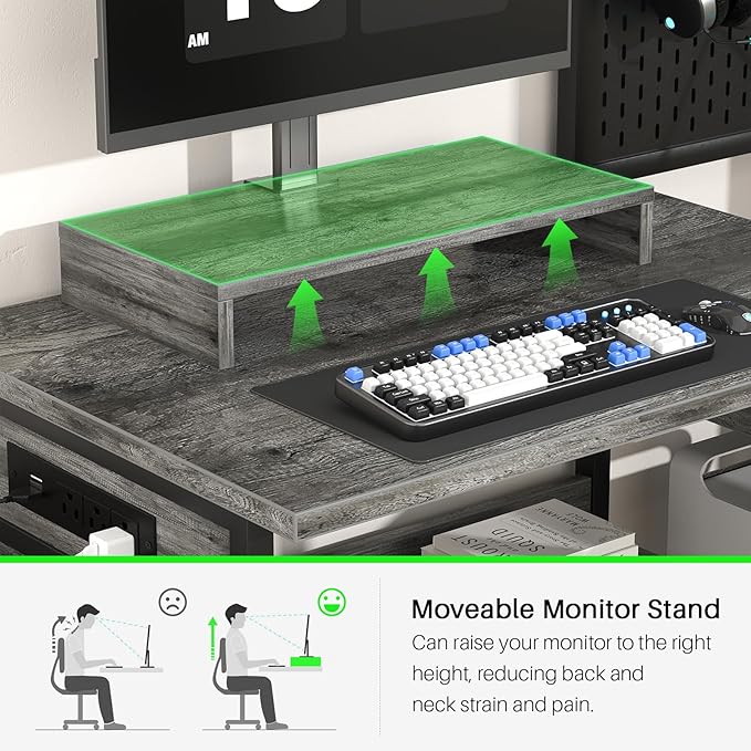 Small Gaming Desk with 2 Fabric Drawers - Reversible Computer Desk with Power Outlet & LED Lights, 49" Office Desk with Monitor Stand & Storage Shelves, Writing Study Table with Pegboard, Grey Oak - LeafyLoom