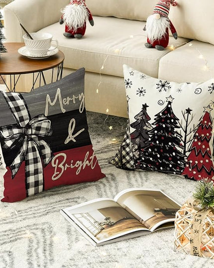 AVOIN colorlife Merry Christmas Joy Xmas Trees Red Throw Pillow Covers, 18 x 18 Inch Christmas Winter Holiday Cushion Case Decoration for Sofa Couch Set of 4 AVOINcolorlife