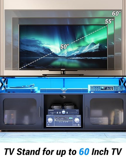 Aheaplus TV Stand for 55 60 Inch TV, Entertainment Center with LED Light & Charging Station, TV Console Table, Large Media Console Cabinet w/Soundbar Shelf, Cord Holes, for Living Room, Bedroom, Black - LeafyLoom