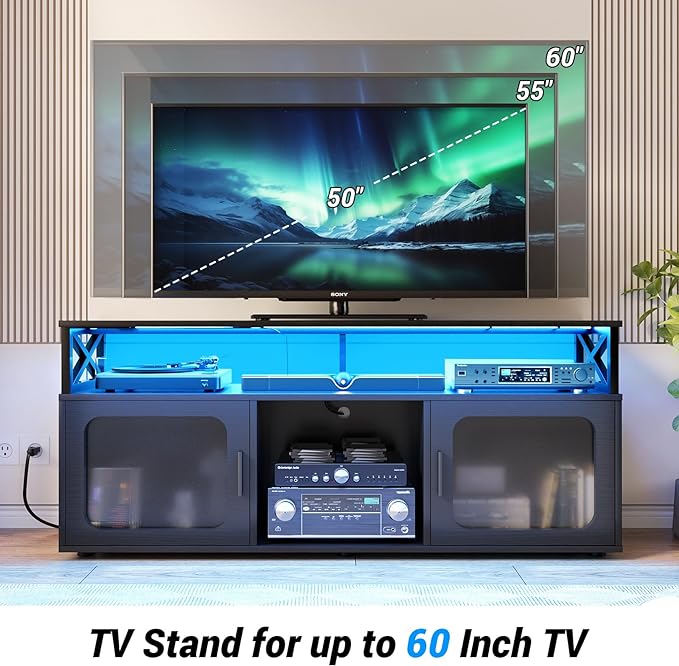 Aheaplus TV Stand for 55 60 Inch TV, Entertainment Center with LED Light & Charging Station, TV Console Table, Large Media Console Cabinet w/Soundbar Shelf, Cord Holes, for Living Room, Bedroom, Black - LeafyLoom