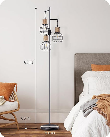 EDISHINE Dimmable Farmhouse Floor Lamp for Living Room, Industrial Black Standing Lamp with 3 LED Edison Bulbs, Corner Rustic Rattan Tall Tree Reading Lamps Home Decor for Bedroom, Office - LeafyLoom