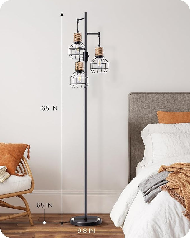 EDISHINE Dimmable Farmhouse Floor Lamp for Living Room, Industrial Black Standing Lamp with 3 LED Edison Bulbs, Corner Rustic Rattan Tall Tree Reading Lamps Home Decor for Bedroom, Office - LeafyLoom