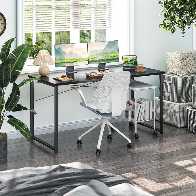 Coleshome 55 Inch Computer Desk, Modern Simple Style Desk for Home Office, Study Student Writing Desk, Black - LeafyLoom
