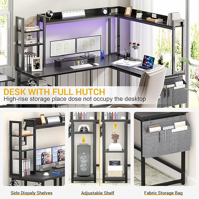 Aheaplus L Shaped Desk with Power Outlet, L Shaped Gaming Desk with Led Light & Hutch, Reversible Home Office Desk, Corner Computer Desk Writing Desk with Monitor Stand & Storage Shelves, Black - LeafyLoom