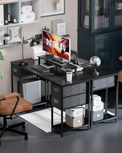 Pamray 55 Inch Computer Desk with Non-woven Storage Drawers and Monitor Stand Home Office Desk for Bedroom Study Table Writing and Work Desk Black - LeafyLoom