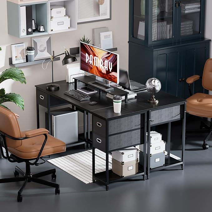 Pamray 55 Inch Computer Desk with Non-woven Storage Drawers and Monitor Stand Home Office Desk for Bedroom Study Table Writing and Work Desk Black - LeafyLoom