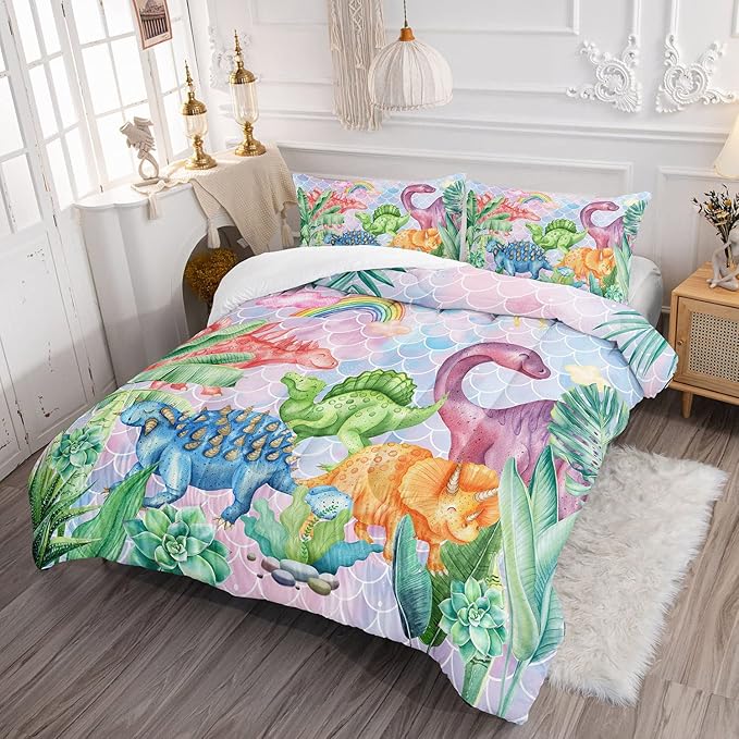 Datura home Kids Dinosaur Comforter Set for Girls Women,Cute Mermaid Scales and Rainbow Cloud Printed Pattern Kawaii Dinosaur Bedding Set with 2 Pillowcases(Dinosaur Rainbow Twin) - LeafyLoom