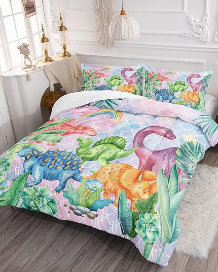 Datura home Kids Dinosaur Comforter Set for Girls Women,Cute Mermaid Scales and Rainbow Cloud Printed Pattern Kawaii Dinosaur Bedding Set with 2 Pillowcases(Dinosaur Rainbow Full) - LeafyLoom